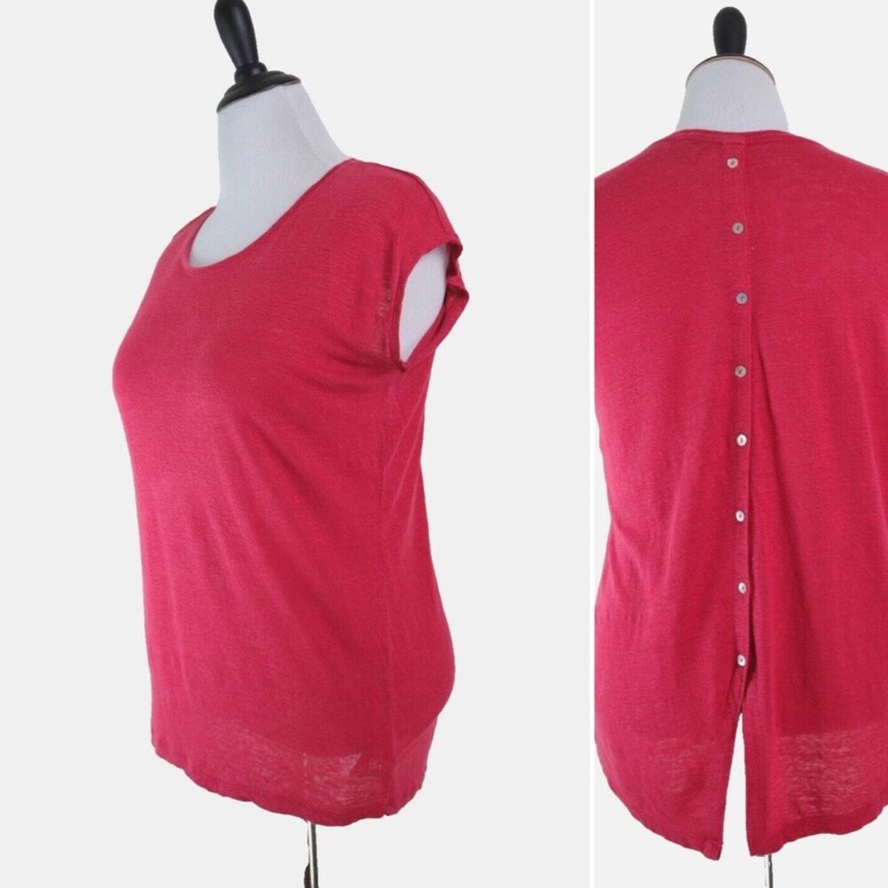 Tahari Size M Linen Fine Knit Button Back Tee Short Sleeve Top Red